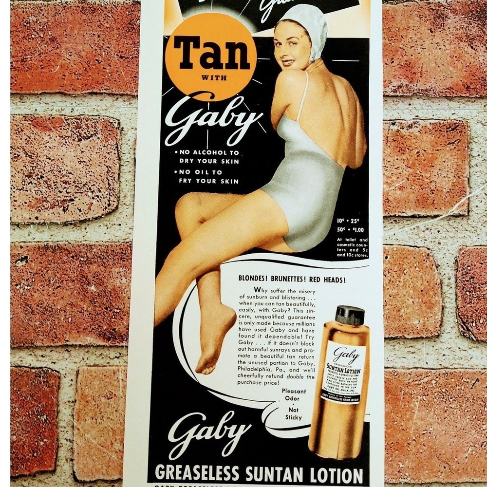 1941 Gaby Suntan Lotion Smiling Lady in Bathing Suit Original Vtg PRINT‎ AD